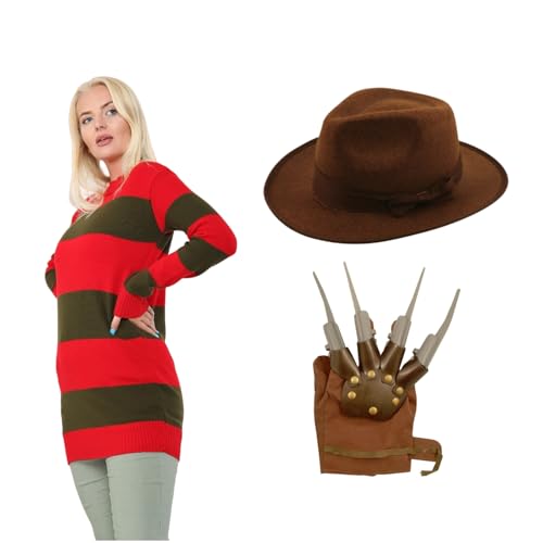 Klassisches 80er-Jahre-Serienmörder-Horrorkostüm für Damen – Halloween-Kostümset inklusive Fedora, Handschuh, Kralle und rot-grün gestreiftem Pullover (S-M) von RAIS