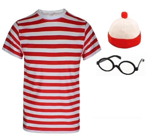 RAIS 3-teiliges Herren-Nerd-Geek-Kostüm, bestehend aus rot-weiß gestreiftem T-Shirt, Brille und Hut, Kostüm für Halloween, Welttag des Buches (L) von RAIS