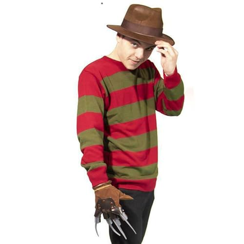 RAIS Klassisches 80er-Jahre-Serienmörder-Kostüm für Herren, 3-teilig, Halloween – inklusive Fedora, rot-grün gestreiftem Pullover und Handschuhkralle (Large) von RAIS