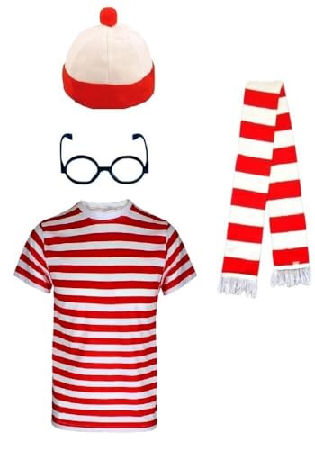 RAIS Nerd-Geek-Kostüm für Kinder, 3- und 4-teilig, bestehend aus rot-weiß gestreiftem T-Shirt, Brille, Mütze und Schal (4, 11-12 Jahre) von RAIS