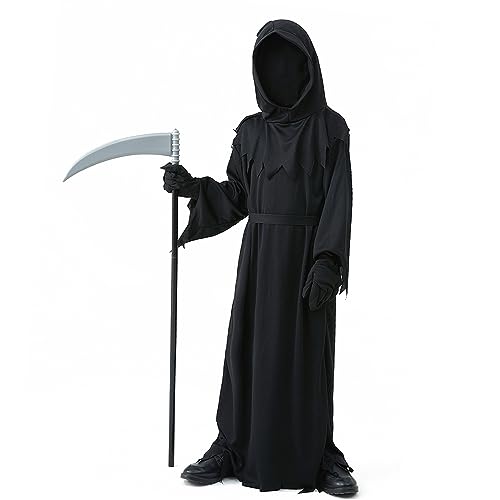 RAISEVERN Halloween Kinder Grim Reaper Sensenmann Kostüm Jungen Gruselig Schwarzes Gewand Mädchen Cosplay Set Fasching Party, 8-10 Jahre RAISEVERN Halloween Kinder Grim Reaper Sensenmann Kostüm Jungen Gruselig Schwarzes Gewand Mädchen Cosplay Set Fasching Party, 8-10 Jahre von RAISEVERN