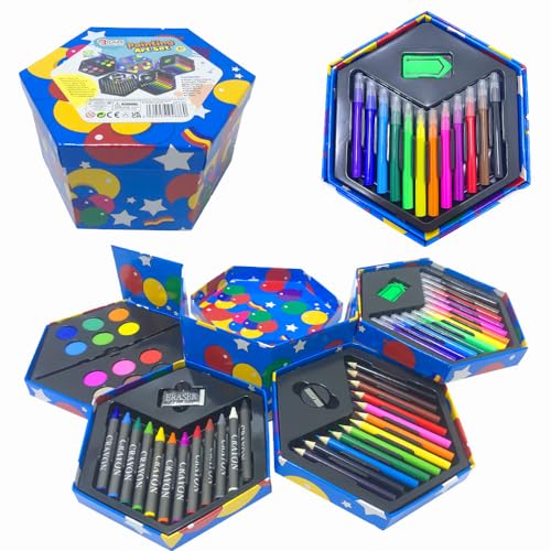Ram® 52-teiliges Bastelset für Kinder, sechseckige Schachtel, Buntstifte, Stifte und Bleistifte von RAM ONLINE