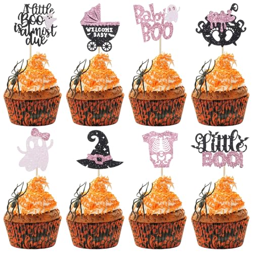 Glitzer-Cupcake-Topper für Halloween, Babyparty, Geist A Little Boo is Almost Due Cupcake-Topper, Willkommens-Baby-Boo Hexenhut, Cupcake-Picks für Halloween, Dusche, Party-Dekorationen, 48 Stück von RANERVZ