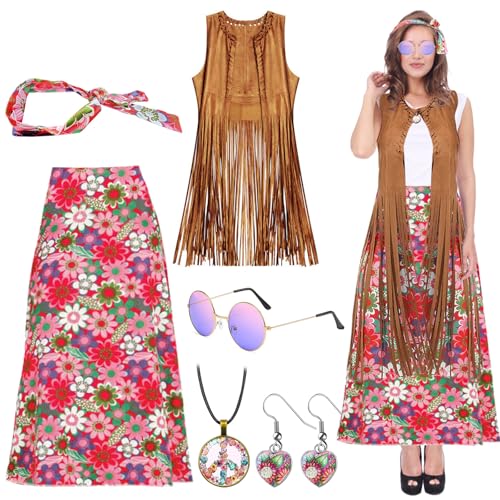 RANJIMA Hippie Kostüm Damen Set, 7 Stück 60er 70er Jahre Karneval Kostüm Damen, Braun Hippie Weste Damen und Hippie Rock, Hippie Accessoires Hippie Kleidung Damen Disco Outfit Faschingskostüm Mädchen von RANJIMA