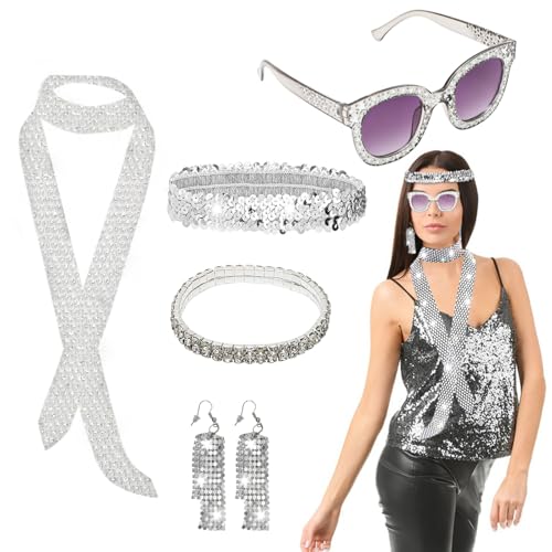 RANJIMA Disco Accessoires 70er Jahre Kostüm Glitzer Outfit Damen, Glitzer Accessoires Damen mit Pailletten Stulpen Disco Brille Schal Discokugel Ohrringe 70er 80er Jahre Outfit für Fasching Karneval von RANJIMA