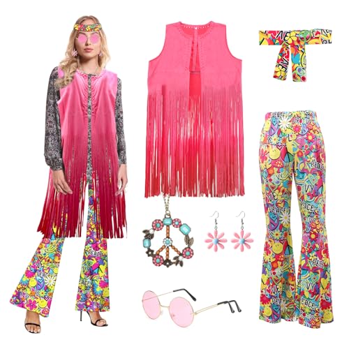 RANJIMA 60er 70er Jahre Hippie Kostüm Damen Set, 7 Stück Hippie Kleid Kostüm Damen mit Fransenweste und Schlaghose,70er Hippie Accessoires Kleidung Bekleidung Disco Outfit für Karneval (M) von RANJIMA