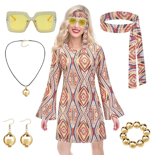 RANJIMA 7 Stück Hippie Kostüm Damen Set, 60er 70er Jahre Hippie Kleid Kostüm Damen, 70er Jahre Hippie Bekleidung Damen Disco Outfit, 60er Party Kostüm Hippie Damen Frauen für Karneval Party (L) von RANJIMA