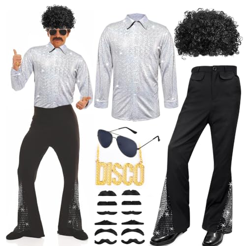 RANJIMA 70er Jahre Disco Kostüm Herren, 1970s Herrenhose Schlaghose, Hippie Kostüm Zubehör Set, 60er Jahre Hemd für Männer Herren Hippie Kostüm Party Shirt Perücke für Karneval/Mottoparty/Fasching,S von RANJIMA