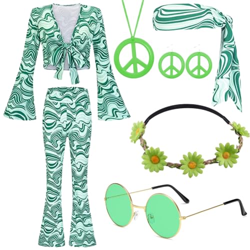 RANJIMA 8 Stück Hippie Kostüm Damen Set, 60er Jahre Hippie Kleidung Damen, 70er Jahre Hippie Bekleidung Damen Disco Outfit,Kostüm Hippie Damen Frauen mit Schlaghose für Halloween Party (M) von RANJIMA