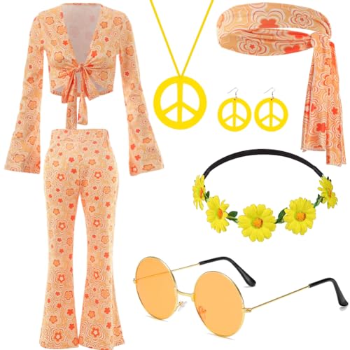 RANJIMA 8 Stück Hippie Kostüm Damen Set,60er Jahre Hippie Kleidung Damen,70er Jahre Hippie Bekleidung Damen Disco Outfit, Kostüm Hippie Damen Frauen mit Schlaghose für Halloween Party (Orange, M) von RANJIMA