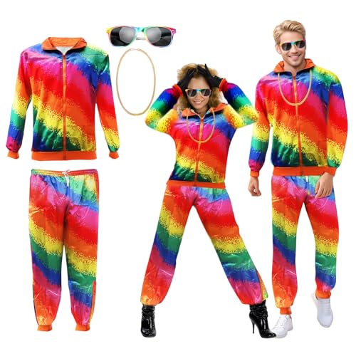 RANJIMA 80er 90er Jahre Kostüm Erwachsene, 80er Jahre Outfit Herren Damen Retro Trainingsanzug, Jogginganzug Kostüm 80er Accessoire Outfit Jacke und Hose für Bad Taste Fasching Karneval (Bunt, M) von RANJIMA