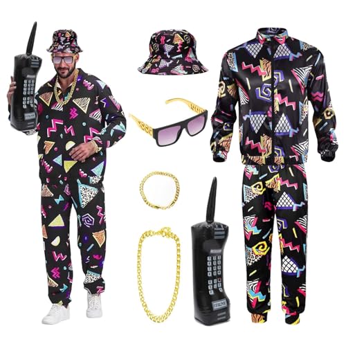 RANJIMA 80er 90er Jahre Outfit Herren Damen, 7 Stück Retro Jogginganzug Kostüm Herren,90er Trainingsanzug Kostüm Set mit Jacke Hose Hut Goldkette Armbänder Brille aufblasbares Radio für Karneval (L) RANJIMA 80er 90er Jahre Outfit Herren Damen, 7 Stück Retro Jogginganzug Kostüm Herren,90er Trainingsanzug Kostüm Set mit Jacke Hose Hut Goldkette Armbänder Brille aufblasbares Radio für Karneval (L) von RANJIMA