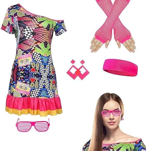 RANJIMA 80er Jahre Damen Outfit Set, 80er 90er Jahre Outfit Damen, Kostüm 80er Jahre damen für Fasching und Mottoparty Neon Accessoires Thema Party Accessoires für 1980er Karneval,Fasching,Neon Party von RANJIMA