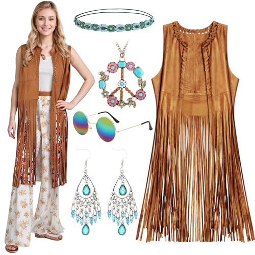 RANJIMA Fransenweste Hippie Kleidung Damen, Hippie Kostüm Damen Set mit Fransenweste 60er 70er Hippie Accessoires,Hippie Kleidung Bekleidung Disco Outfit Damen Zubehör Karneval Fasching (Braun, M) von RANJIMA
