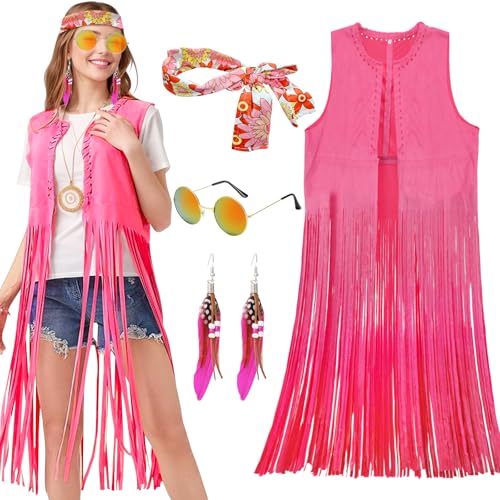 RANJIMA Fransenweste Hippie Kleidung Damen, Hippie Kostüm Damen Set mit Fransenweste 60er 70er Hippie Accessoires,Hippie Kleidung Bekleidung Disco Outfit Damen Zubehör Karneval Fasching (Rosa, L) von RANJIMA