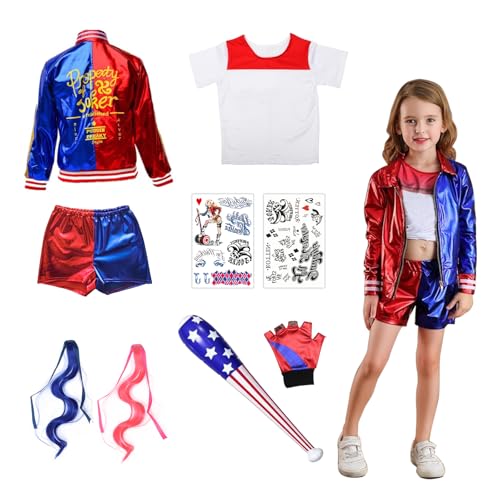 RANJIMA Quinn Kostüm Kinder Mädchen, Karneval Quinn Cosplay Kostüme Bösewicht Suicide Kostüm Kit mit Jacke T-Shirt Shorts Handschuh Perücken Tatto Baseballschläger für Faschings Mottoparty Halloween RANJIMA Quinn Kostüm Kinder Mädchen, Karneval Quinn Cosplay Kostüme Bösewicht Suicide Kostüm Kit mit Jacke T-Shirt Shorts Handschuh Perücken Tatto Baseballschläger für Faschings Mottoparty Halloween von RANJIMA