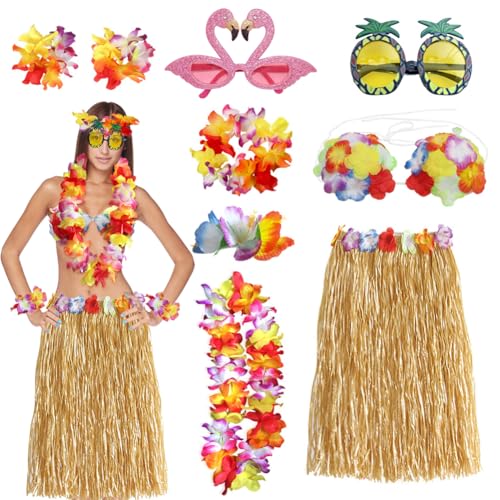 RANJIMA Hawaii Kostüm Set, 9 Stück Hawaii Party Outfit Damen, Hawaiian Hula,Grass Rock Set,mit Halskette Armbänder Blume BH Haarblume und Ananas Flamingo Sonnenbrille für Tropische Beachparty Deko,60 von RANJIMA