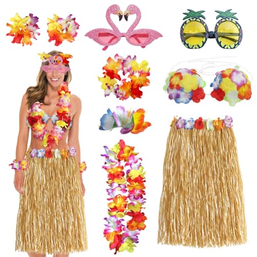 RANJIMA Hawaii Party Kostüm Set, 9 Stück Hawaii Outfit Damen, Hawaiian Hula,Grass Rock Set,mit Halskette Armbänder Blume BH Haarblume und Ananas Flamingo Sonnenbrille für Tropische Beachparty Deko,80 von RANJIMA