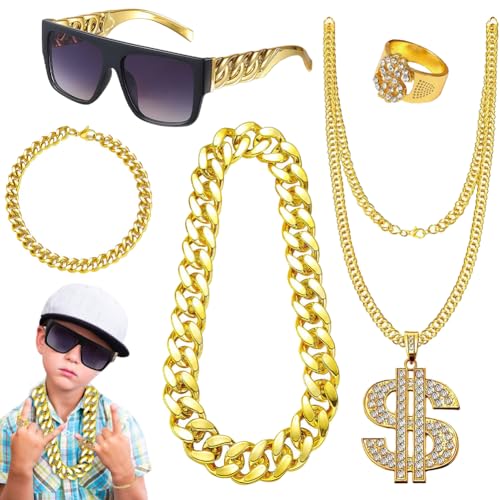 RANJIMA Hip Hop Disco Kostüm Accessoires, 5 Stück Hustler Rapper Hiphop Kostüm, Zeichen Goldkette Kit Ringe Sonnenbrille Goldkette Set, 80s 90s Zuhälter Kostüm Set für Karneval Cosplay Fasching Party von RANJIMA