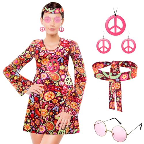 RANJIMA Hippie Kostüm Damen Kleid Set mit 70er Jahre Kleid Hippie Accessoires, 70er Jahre Halskette Ohrringe Sonnenbrille Hippie Bekleidung Damen Disco Outfit für Karneval Motto Party von RANJIMA
