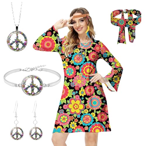 RANJIMA Hippie Kostüm Damen Set, 60er 70er Jahre Hippie Kleidung Damen, 70er Jahre Hippie Bekleidung Damen Disco Outfit, 60erKostüm Hippie Damen Frauen mit Halskette, Ohrringe, für Karneval Party(XXL) von RANJIMA