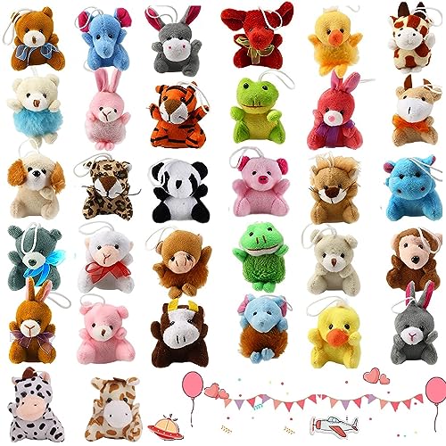 RANJIMA Mini Plüschtiere Set, 32 Pack Mini Plüsch Schlüsselanhänger Kinder, Mini Plücschtier Kuscheltier Kleine Tiere Schlüsselring Anhänger Valentinstag Party Favors, Wurfmaterial Karneval Spielzeug von RANJIMA