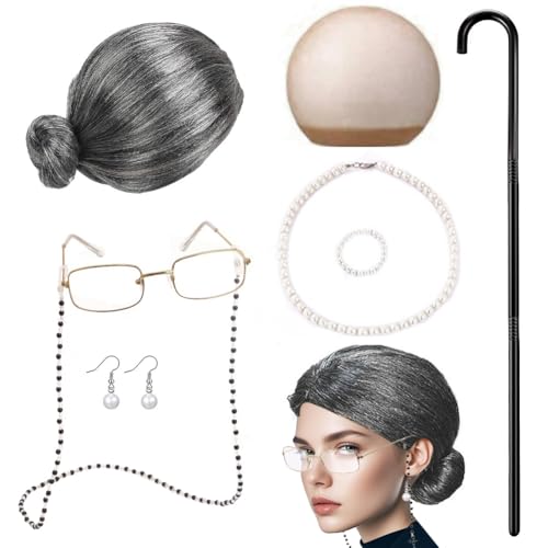 RANJIMA Old Lady Kostüm Großmutter Cosplay Zubehör Set, 8 Stück Oma Perücke Perücke Kappe Oma Brille Brillen Ketten Armband Perlenkette, Alte Dame Cosplay Set für Fasching Karneval Damen Mädchen von RANJIMA