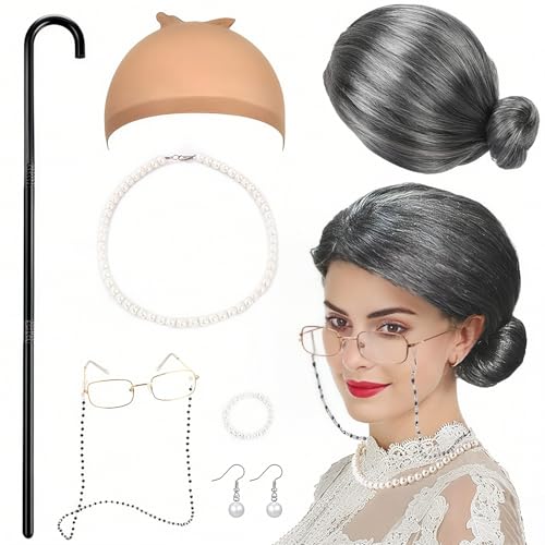 RANJIMA Oma Perücke Grau, Alte Dame Cosplay Zubehör Perücke Oma Kostüm Accessoire mit Brille Kette Perlenkette Armband Spazierstock für Frau Fasching Maskerade Cosplay Köln-Karneva Party, 8Pcs RANJIMA Oma Perücke Grau, Alte Dame Cosplay Zubehör Perücke Oma Kostüm Accessoire mit Brille Kette Perlenkette Armband Spazierstock für Frau Fasching Maskerade Cosplay Köln-Karneva Party, 8Pcs von RANJIMA