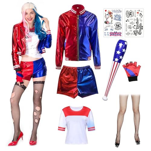 RANJIMA Quinn Cosplay Kostüme für Erwachsene, Quinn Kostüm Damen Mädchen Bösewicht Suicide Kostüm mit Jacke T-Shirt Shorts Handschuh Tatto Baseballschläger für Karneval Fasching Mottoparty Halloween RANJIMA Quinn Cosplay Kostüme für Erwachsene, Quinn Kostüm Damen Mädchen Bösewicht Suicide Kostüm mit Jacke T-Shirt Shorts Handschuh Tatto Baseballschläger für Karneval Fasching Mottoparty Halloween von RANJIMA