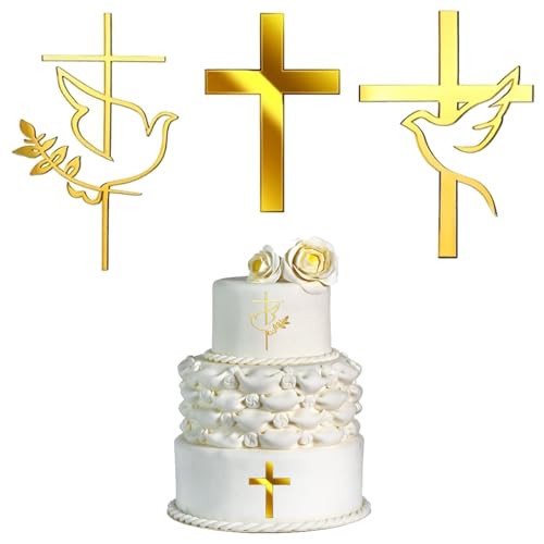 3 Stück Taufe Tortendeko Gold, Kreuz Cake Topper Taufe, Acryl Firmung Tortendeko, Torte Deko Kommunions Kreuz für Kommunion Geburtstag Babyparty Hochzeit von RAOLAWOBA