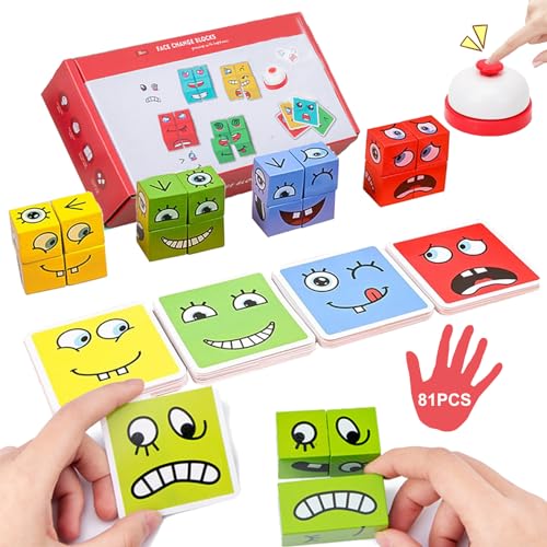 Holzwürfel Puzzle Spielzeug Magic Face Building Block Denkspiel Sensorik Bunte Holzwürfel Würfelpuzzle Spiel Puzzle Bauwürfel Holzwürfel Puzzle Kinder Ab 3 Jahren Mit Glocke（81 Stück） von RAOLAWOBA