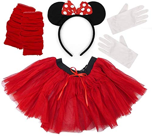 RARA® Erwachsene, Damen Minnie Mouse Roter Rock, schwarze Ohren Stirnband, weiße Handschuhe & Beinwärmer Kostüm Zubehör Verkleidung Outfit Kit perfekt für Buchwoche Halloween, Karneval Cosplay von RARA