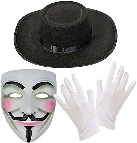 RARA® Halloween-Kostüm für Erwachsene, Anonymous Hacker, Vendetta, weiß, gruselig, schwarzer Hut und Handschuhe, Horror-Party, Verkleidung von RARA