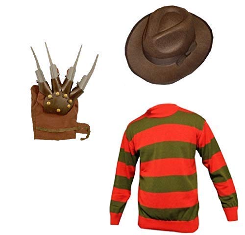 RARA® Herren Halloween Nightmare On Elm Street Freddy Krueger Horror Kostüm Pullover mit Hut & Klaue Handschuhe Fasching Outfit (Herren: klein) von RARA