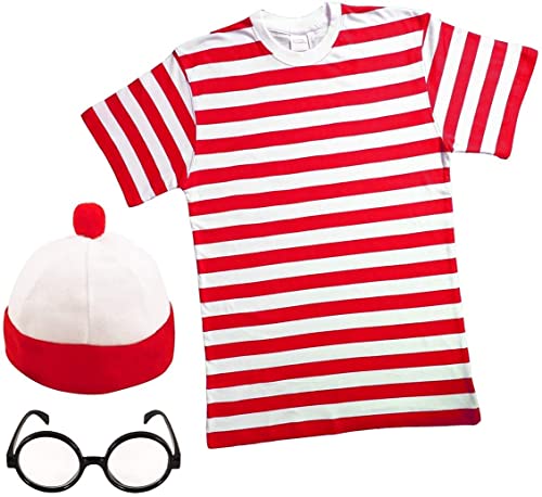 RARA® Herren Wheres Nerd Geek Rot & Weiß gestreift Kostüm Erfrischer-Kostüm Buchtag 3-teiliges Set T-Shirt, Beanie Mütze & Brille (L) von RARA