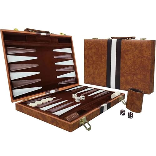 RATSTONE Backgammon，Backgammon Holz，Backgammon Koffer，Backgammon-Set, Brettspiel mit hochwertigem Lederetui mit Würfelbecher, tragbares und reisetaugliches Backgammon-Set, 15 Zoll von RATSTONE