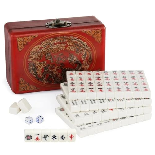 RATSTONE Mahjong，Mahjong Mahjong Set，Tragbares, antikes Mini-Mahjong-Spiel mit farbenfrohem Etui und 144 Mahjong-Spielsteinen für Familienspiele, Partys und Zeitvertreib für Erwachsene. von RATSTONE