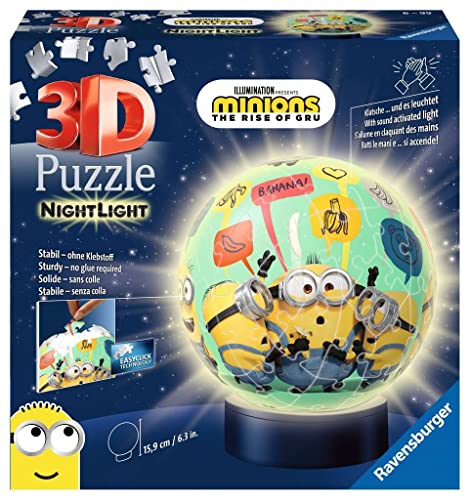 Ravensburger 3D Puzzle 11180 - Nachtlicht Puzzle-Ball Minions - 72 Teile - ab 6 Jahren, LED Nachttischlampe mit Klatsch-Mechanismus von Ravensburger