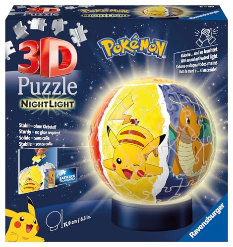 Ravensburger 3D Puzzle 11547 - Nachtlicht Puzzle-Ball Pokémon - 72 Teile - für Pokémon Fans ab 6 Jahren, LED Nachttischlampe mit Klatsch-Mechanismus von Ravensburger