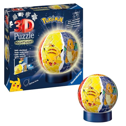 Ravensburger 3D Puzzle 11547 - Nachtlicht Puzzle-Ball Pokémon - 72 Teile - für Pokémon Fans ab 6 Jahren, LED Nachttischlampe mit Klatsch-Mechanismus von Ravensburger