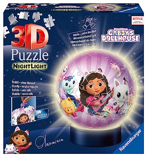 Ravensburger 3D Puzzle 11575 - Nachtlicht Puzzle-Ball Gabby's Dollhouse - für Gabby's Dollhouse Fans ab 6 Jahren, LED Nachttischlampe mit Klatsch-Mechanismus von Ravensburger