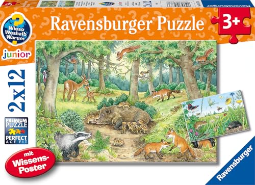 Ravensburger Kinderpuzzle - 05673 Tiere im Wald und auf der Wiese - 2x12 Teile + Wissensposter, Wieso? Weshalb? Warum? Puzzle für Kinder ab 3 Jahren von Ravensburger