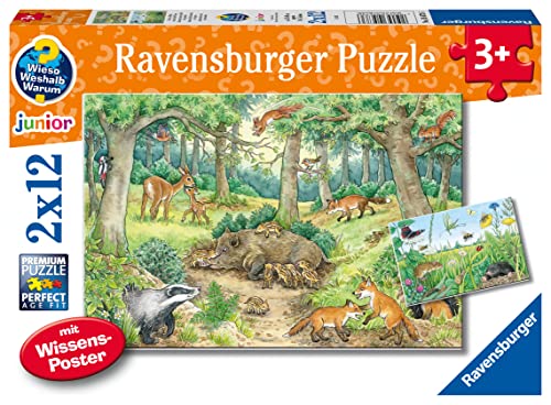 Ravensburger Kinderpuzzle - 05673 Tiere im Wald und auf der Wiese - 2x12 Teile + Wissensposter, Wieso? Weshalb? Warum? Puzzle für Kinder ab 3 Jahren von Ravensburger