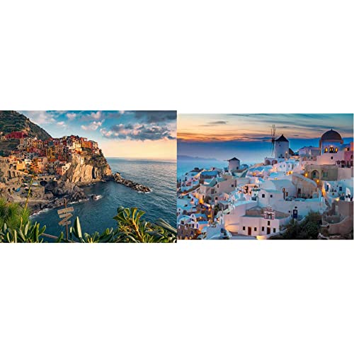 Ravensburger Puzzle 16227 - Blick auf Cinque Terre - 1500 Teile Puzzle, Puzzle mit Landschafts-Motiv & 19611 - Abend in Santorini, Griechenland - 1000 Teile Puzzle von RAVENSBURGER PUZZLE