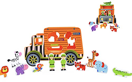 RB&G Safari Truck Lernspielzeug Montessori Steckspiel mit Tierfiguren Puzzle Holzspielzeug, Puzzle Kinder Lernspielzeug für Kinder ab 1 Jahre von RB&G