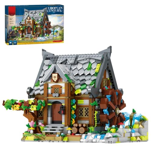 Mittelalterlich Vintage Wassermühle Klemmbausteine, 1873-Stück Windmühlen Mühlen Modellbausatz, Dorf Haus Architektur Bausteine, Deko & Modular Building Geschenk für Erwachsene von RCARTOYRTR