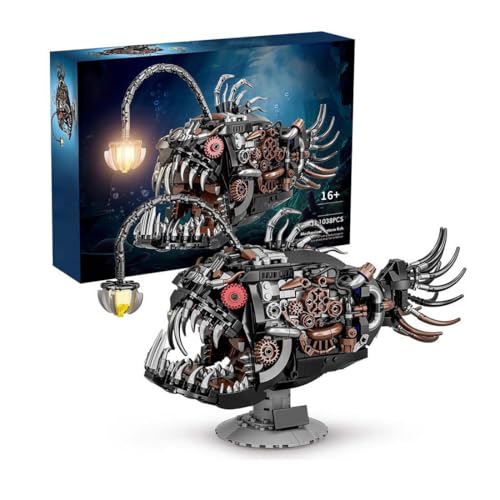 RCARTOYRTR Mechanischer Steampunk Laternenfisch mit Licht Bausatz Set, 1038 Stück Meeresbewohner Klemmbausteine, Home und Büro-Deko & Modular Building Geschenk für Erwachsene von RCARTOYRTR