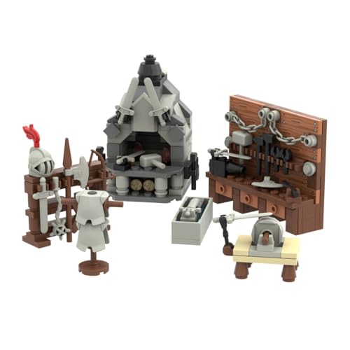 RCARTOYRTR Mittelalterliche Militär Waffenkammer Klemmbausteine, Szenerie-Dekoration Waffenständer & Werkbank & Schmiede Shop Bausteine, Ritter Waffen Set, Modular Building Geschenk für Erwachsene von RCARTOYRTR