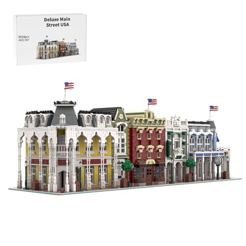 RCARTOYRTR USA Luxus-Hauptstraße Klemmbausteine, 9834 Teile Straßenszene Architektur Modellbausatz, Modular Building Geschenk für Erwachsene MOC-217586 von RCARTOYRTR