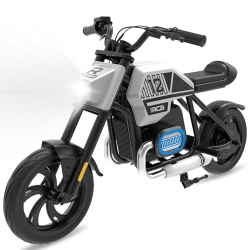 RCB R9 Kinder-Elektromotorrad, Elektro Motorrad mit Lautsprecher, 10/15/25KMH&15KM Reichweite, Stimmungsbeleuchtung, 12-Zoll-Luftreifen für Kinder 4+ Jahren von RCB